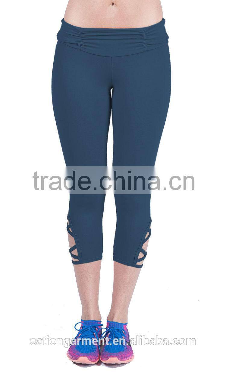 Slimming style scrunchy waist crossing straps on the bottom of each leg 4 way stretching bodybuilding fitness yogo leggings