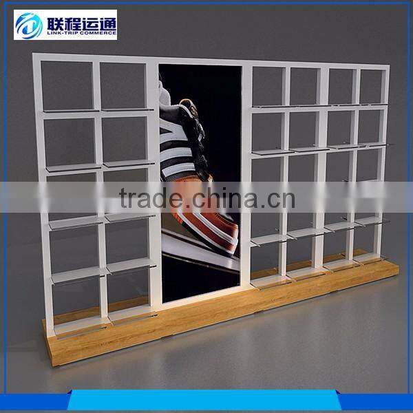 Different glass wood shoes display wall shelf