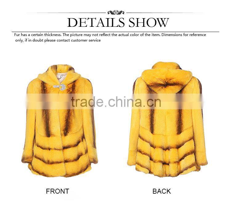 hot sale yellow cross mink coat with hood women warm fur coat for winter