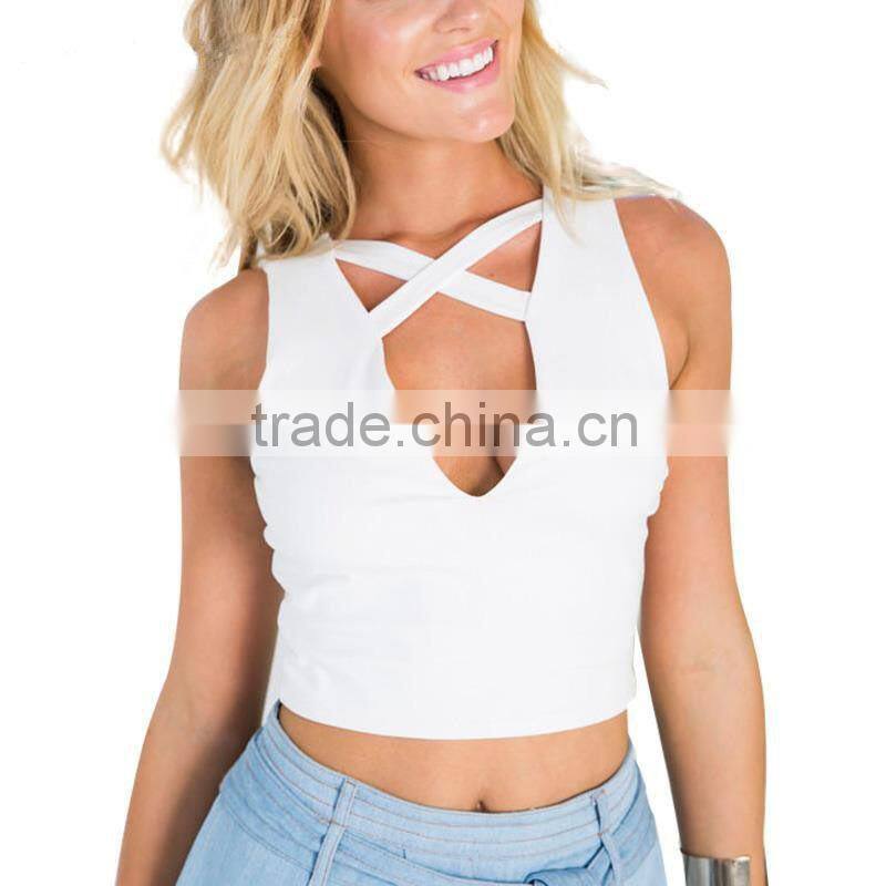 Bonvatt Sleeveless cross-three-color v-neck women's T-shirt