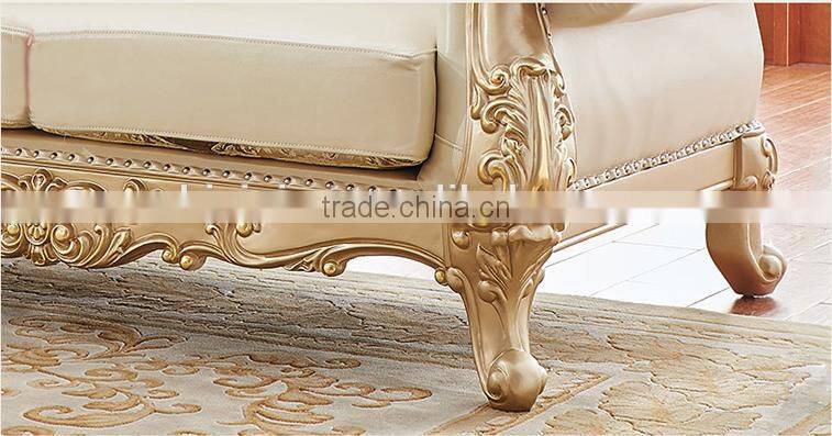 Neoclassic style solid wood champagne gold carving leather sofa set