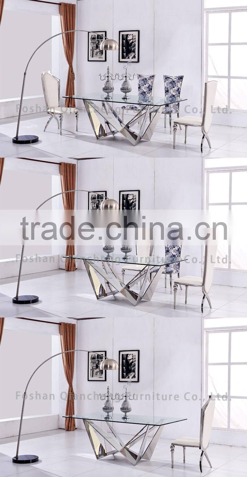 special design mirror silver stainless steel glass dining table