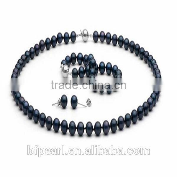 7-7.5mm Fasion Black Pearl Beaded Jewelry Necklace Bracelet and Earrings Set