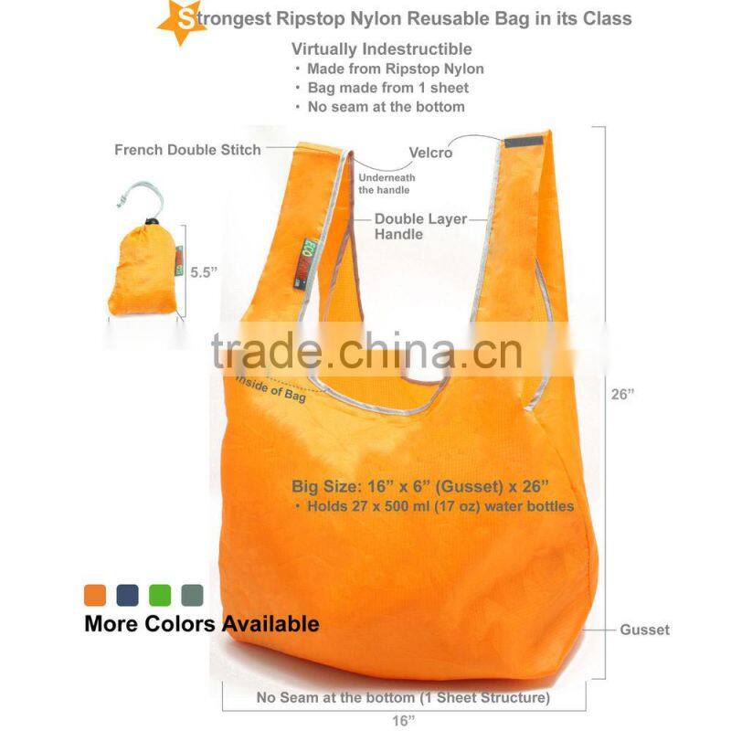 Eco ripstop Nylon Foldable Reusable Bag Tote Grocery Bag Built-in Pouch