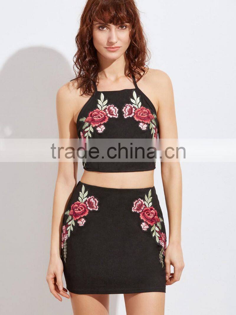 Two piece set women dress 2017 black embroidered rose applique suede halter top with skirt