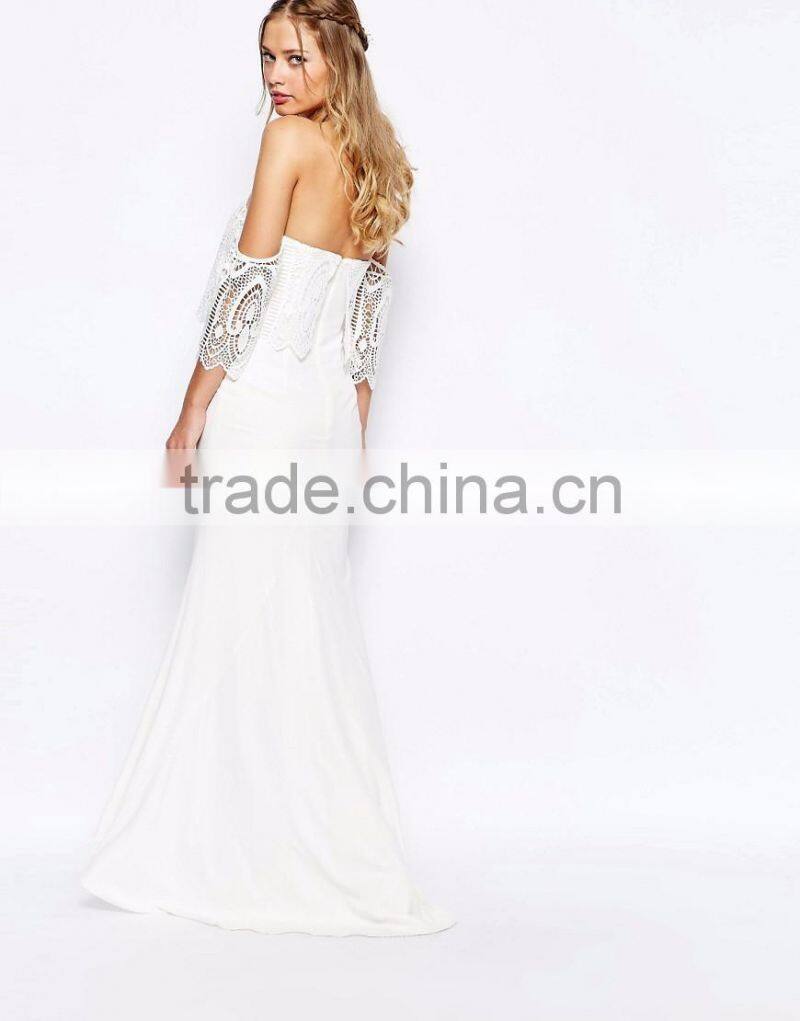 MGOO Design Bandeau Cream Crepe Ruffles Bridal Grown Off Shoulder Lace Dress With Fishtail Bridesmaid Dress