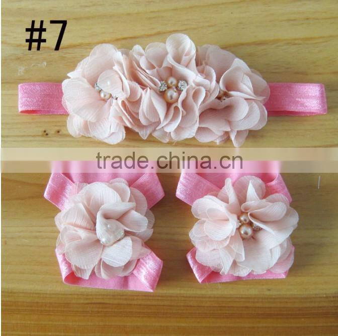 Hot 2014 fashion popular children's hand stitching Chiffon Rhinestone Flower Hair Band foot flower set and baby wrist flower