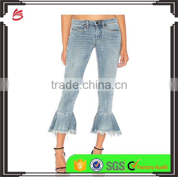 2017 Hot sale young girls jeans pants ruffle ninth denim jeans ladies jeans design