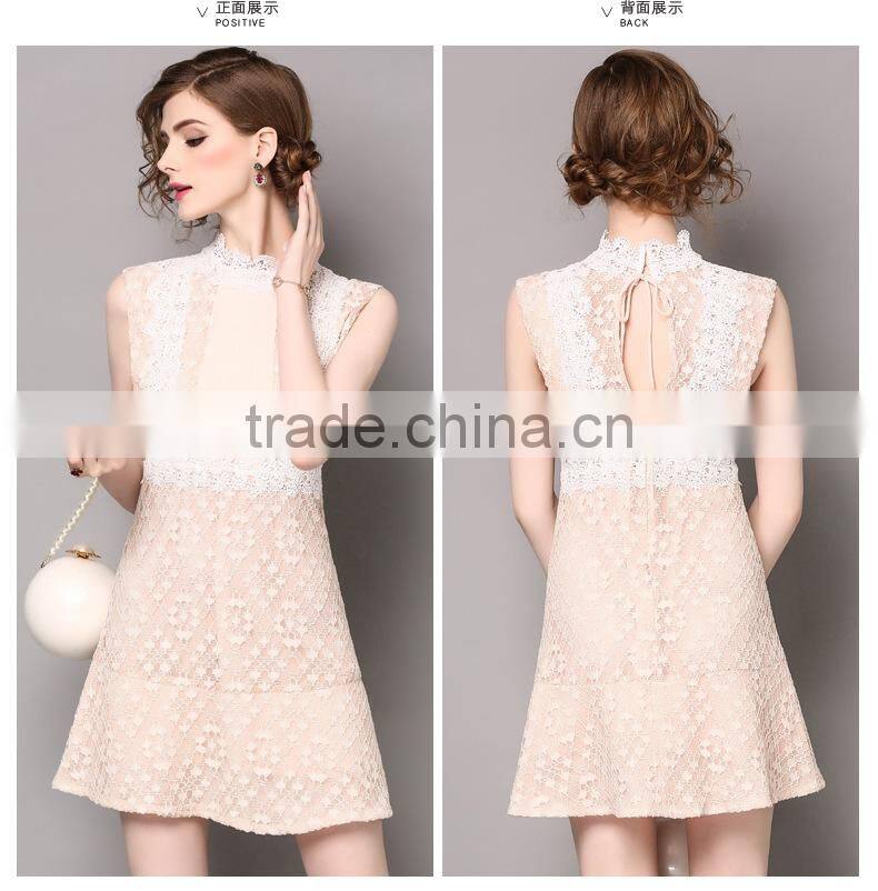 Dresses 2017 summer high grade lace neck collar sleeveless elegant lace stitching design backless party dress for women