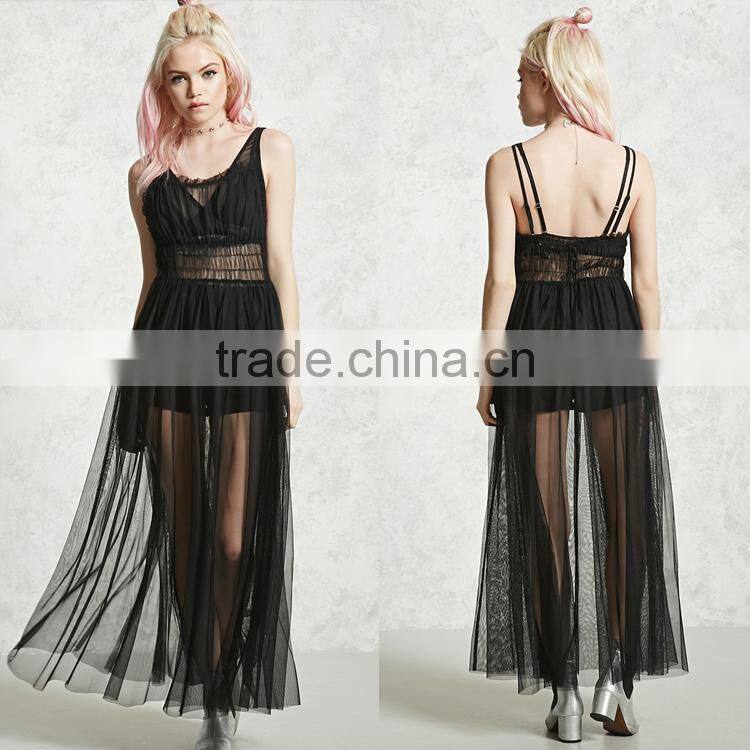 New arrival OEM fashion summer lace chffion strapped sexy black dress women casual