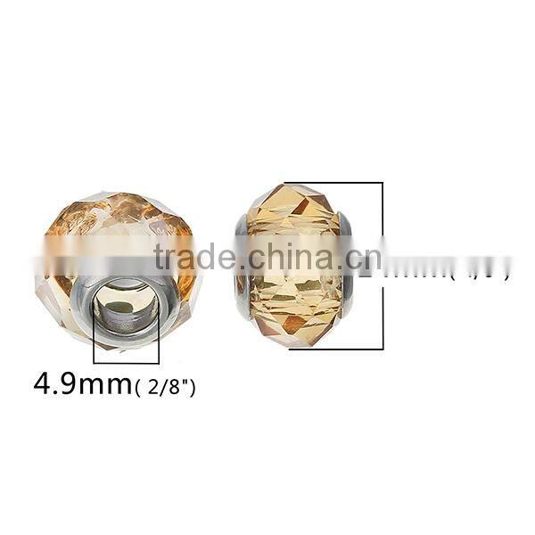 Lampwork Glass European Style Large Hole Beads Round Faceted Champagne Transparent With 304 Stainless Steel Silver Tone Core