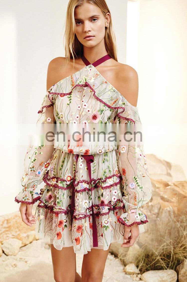 Latest Fashion Dress Designs Pretty Women Long Sleeve Floral Ruffle Casual Dresses with Cold Shoulder