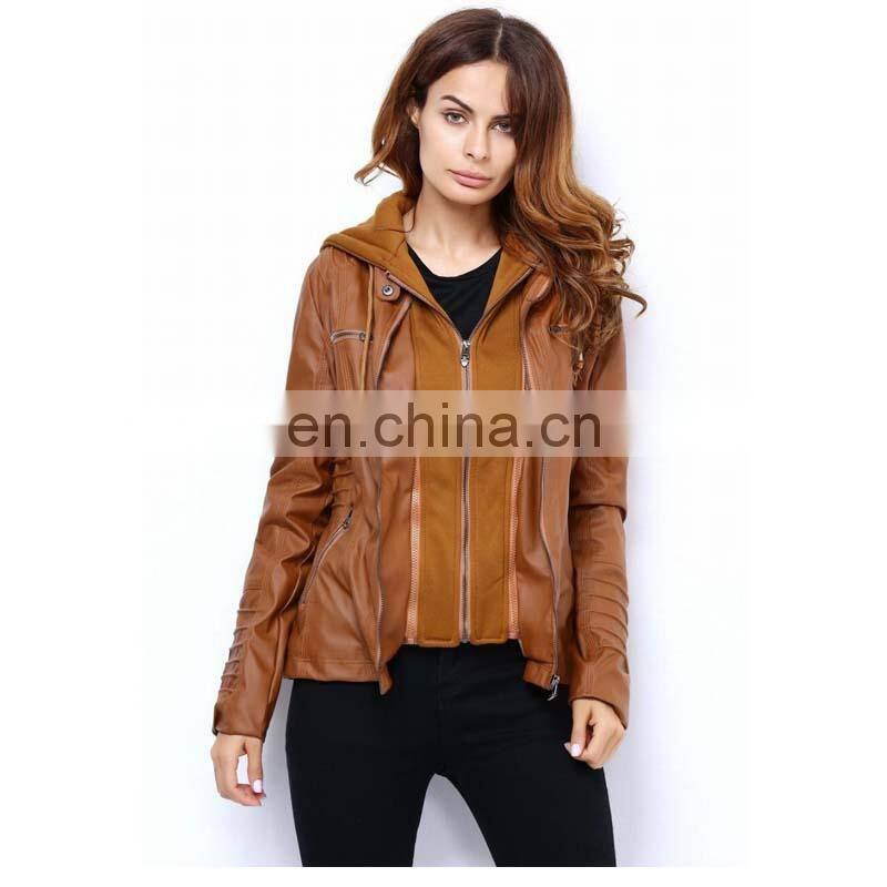 Customized wholesale Plus size women's detachable hooded leather jacket coat top motorcycle jacket PU pilot motorcycle suit
