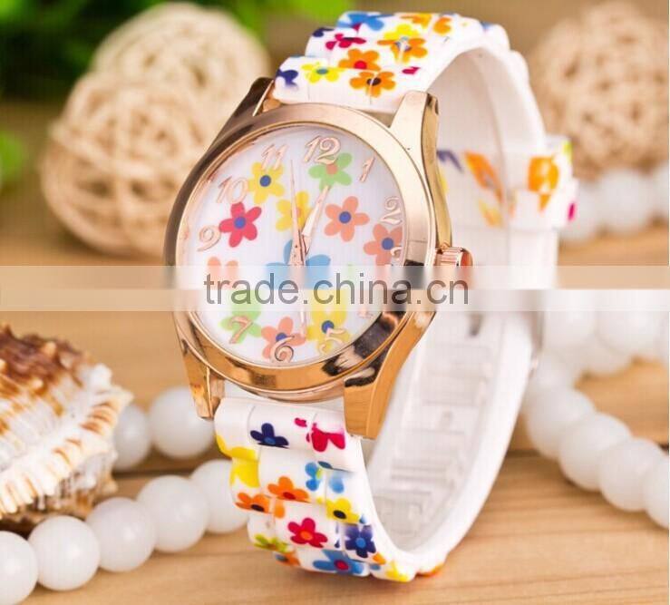 Newest Selling Hot Women/Ladies Fashion Watch Silicon Band Flower Print Jelly Sports Quartz
