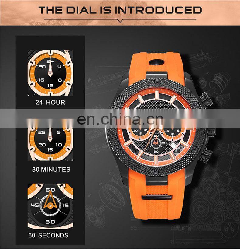 High quality rose gold case blue dial and silicone band dress steel chronograph sports watch men custom logo