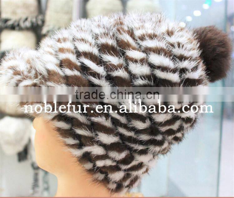 high quality fancy mink fur and fox fur ball/pretty knitted headwear with pompom
