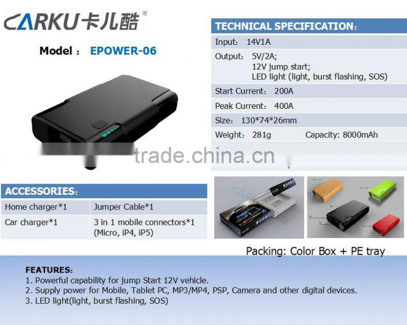 Carku Best selling products Slimmest 12V emergency multi-function mini jump starter for smartphone