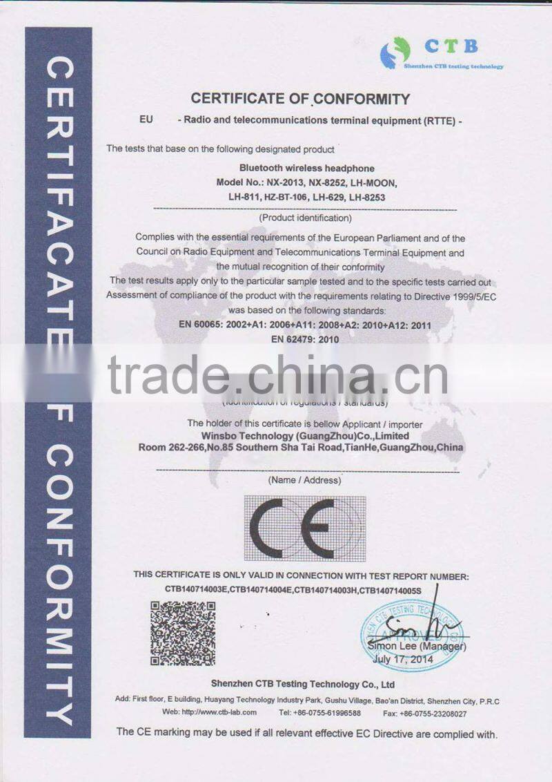 With CE certificate wireless stereo bluetooth headset