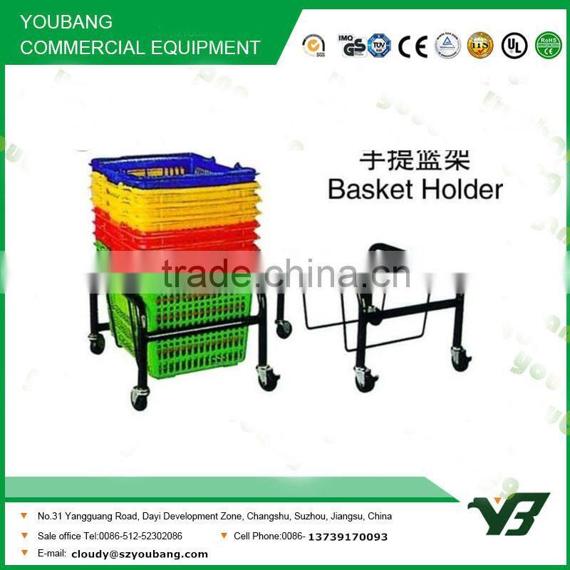 2015 hot sell black powder shopping basket holder with 4 wheels and plastic basket (YB-S001)