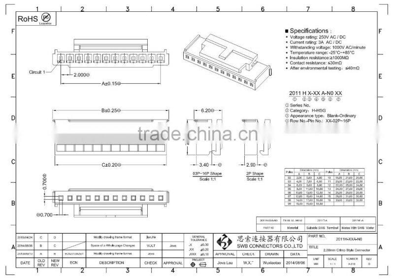 2.0MM Pitch Wire to board electronic connectors PA66 Straight/vertical housing wafer terminal