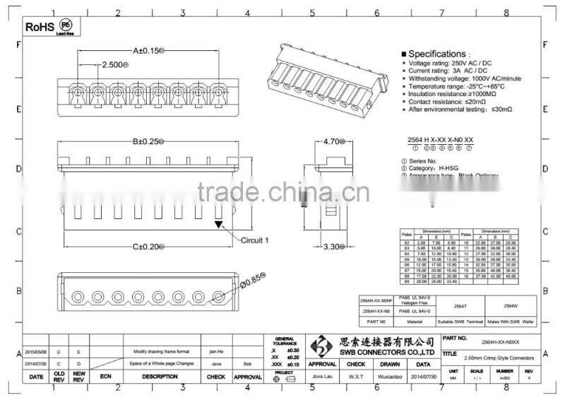 2.5mm Pitch Wire to board electronic connectors Molex replacement