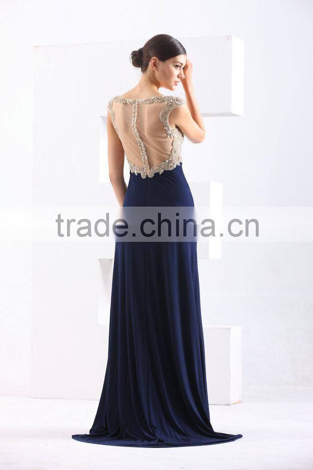 Sexy Elegant High Tall Beaded Cap Sleeve Navy Blue Long Evening Dress Alibaba China
