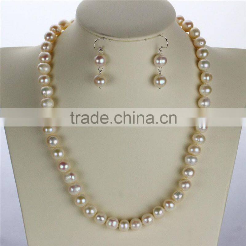 9mm A off round natural simple traditional pearl set designs, real pearl set prices
