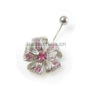 Pink flower 316L surgical steel belly button ring body piercing jewelry