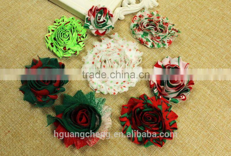 Christmas! handmade chiffon red green rosettes flowers with elastic