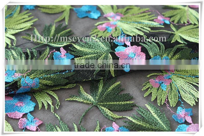 Top fashionable colorful leaves embroidered lace fabric dresses fabrics