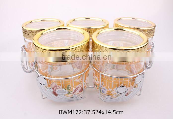 5pcs glass food jar set with colorful decal in a silver rack