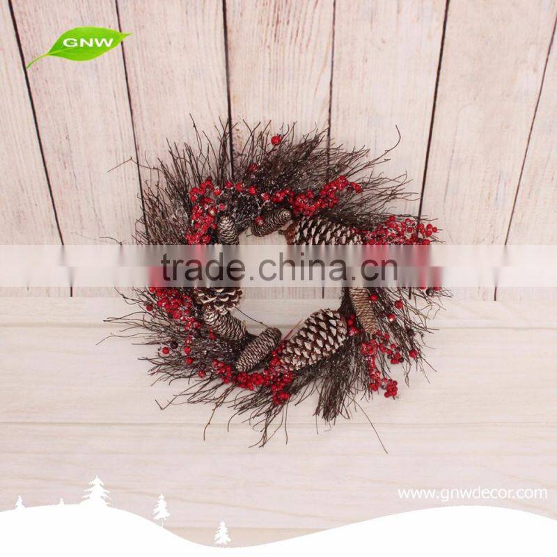 GNW CHWR-1605032 Wholesale Factory Supplying Artificial Xmas Wreath with Cherry Pine cone ball