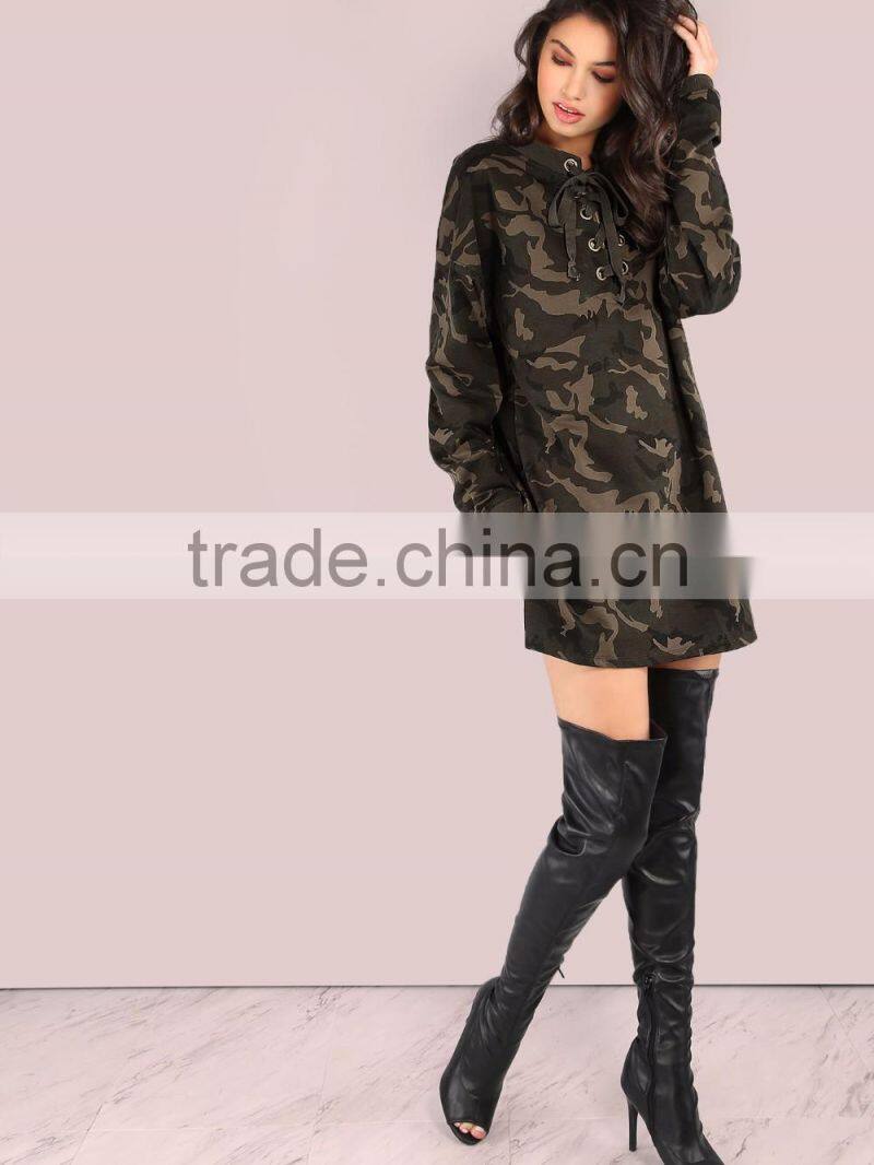 Allover Printing Camo Design Female Oversized Lace Up Long Sleeve Sweatshirt Dress