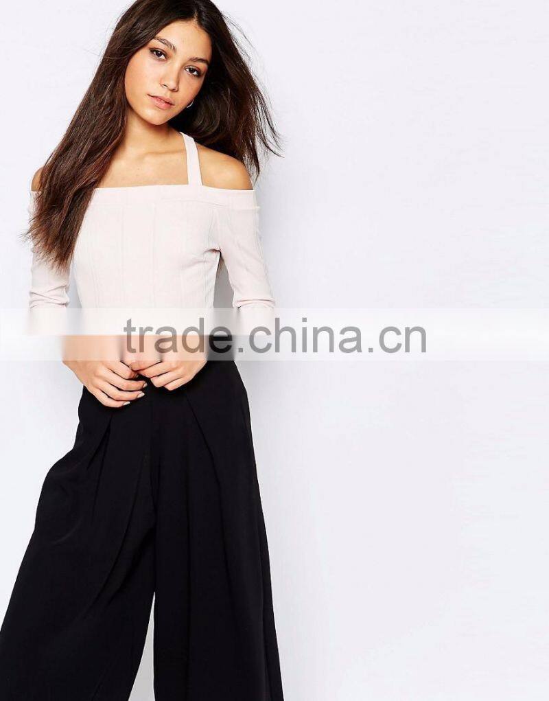 2016 Autumn Long Sleeve Sexy Women Bodysuit Plain White Halter Neck Off Shoulder Leotard In Rib Your Own Brand
