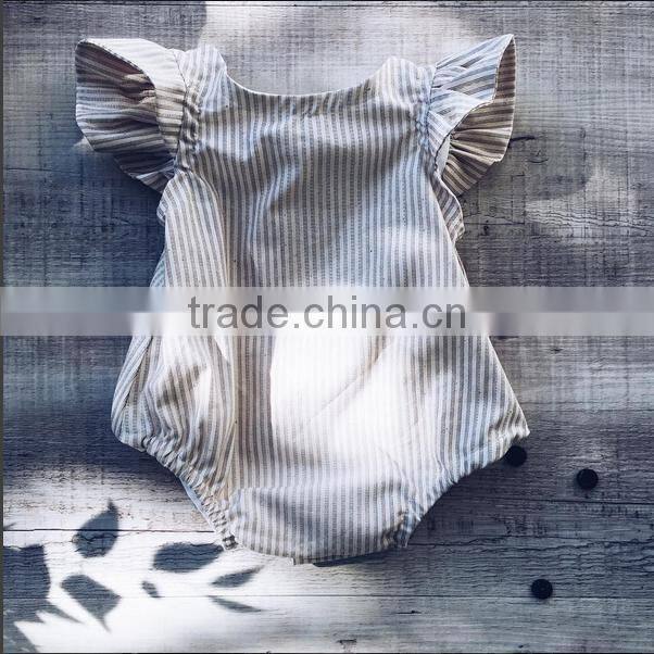 Wholesale Boutique Summer Baby Clothes Flutter Sleeve Stripes Linen Romper