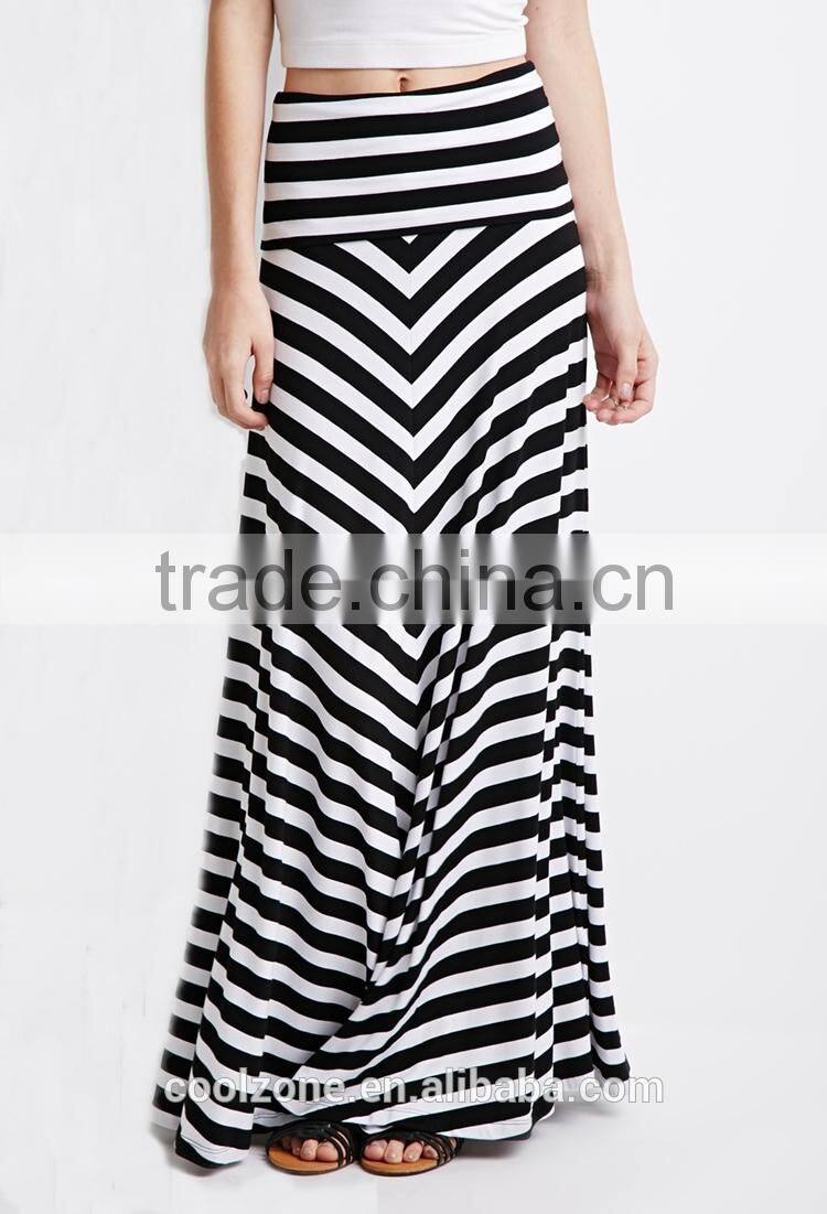 2015 Fold-over waist stripe print skirts fashion long maxi skirt