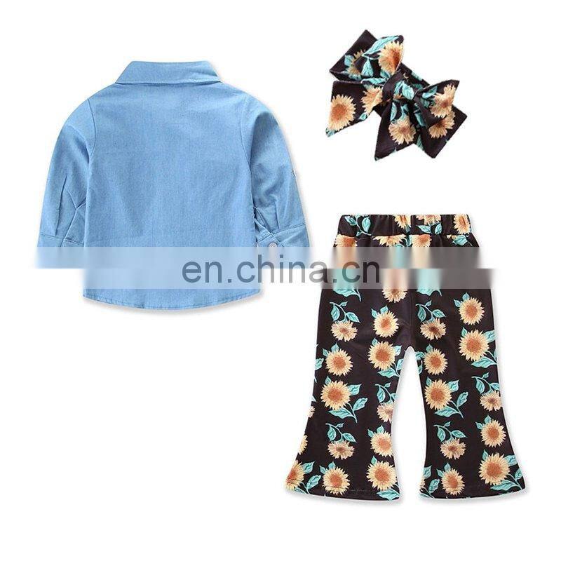 Baby Floral outfits girls headband + top + chrysanthemum print Bell-bottoms pants 3pcs/set Autumn suit Boutique