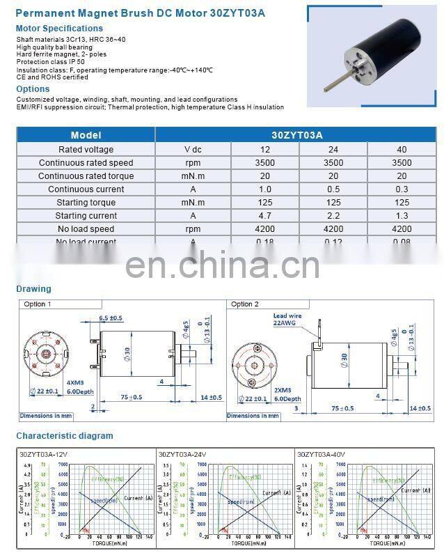 30zyt 30mm Permanent Magnet DC Motor, Ball Bearing, Long Life