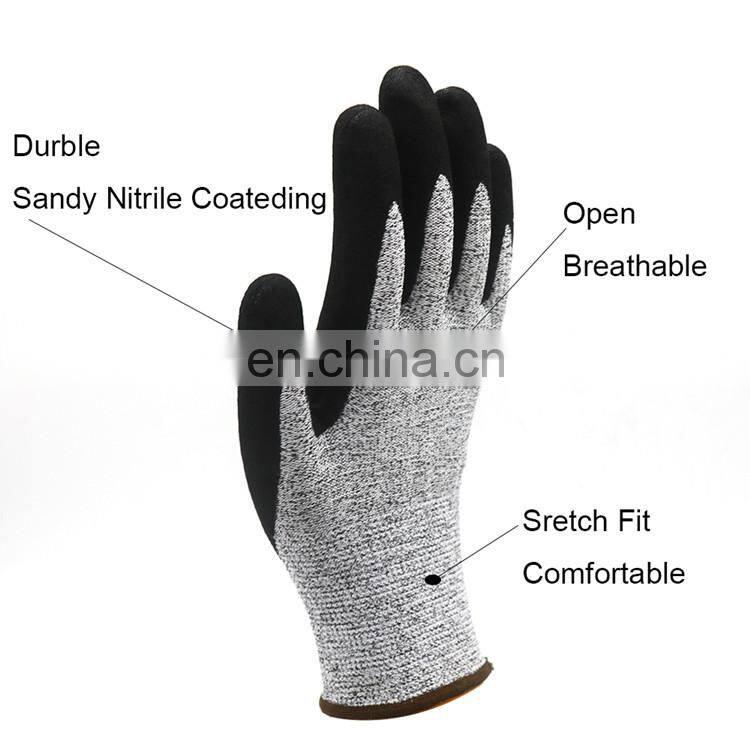 Durable Power Grip Sandy Nitrile Palm Coated HPPE Cut Protective Safety Work Slicer Gloves