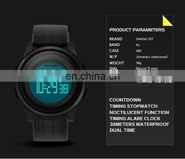 SANDA 337 Men Digital Sport Watches Silicone Strap Calendar Alarm 12/24 Hour Luminous Waterproof Watch
