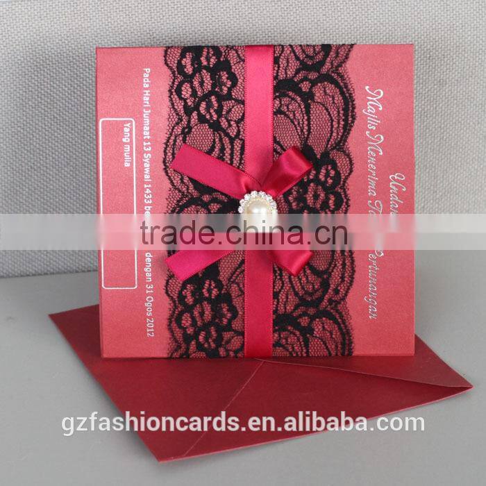 2014 Hot Sale Luxurious Wedding Invitation Card with Lace and Brooch