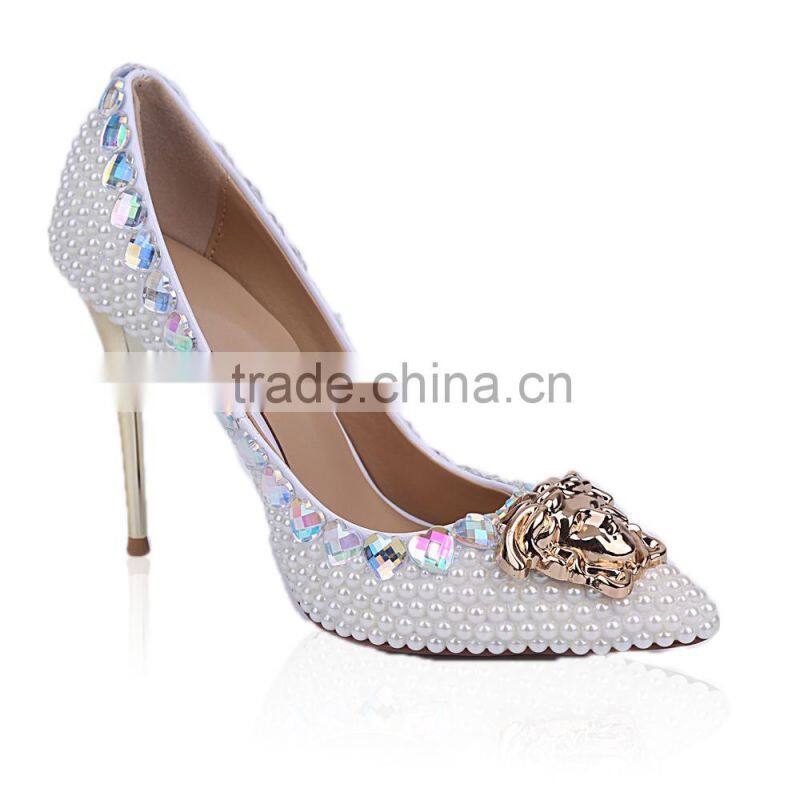 Guangzhou leather dress shoes lady crystal fashion high heels quality heels production with metal gold heel