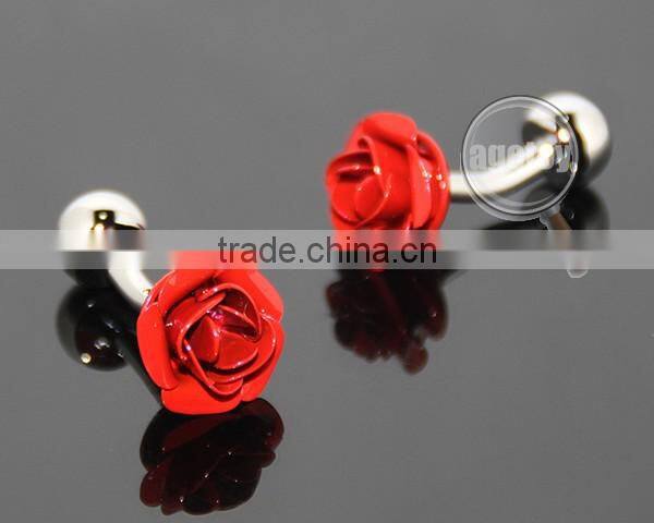 3D Red Rose Shaped Sleeve Shirt Enamel Cuff Links For Party Fashion Alloy Silver Metal Souvenir Wedding Cufflinks