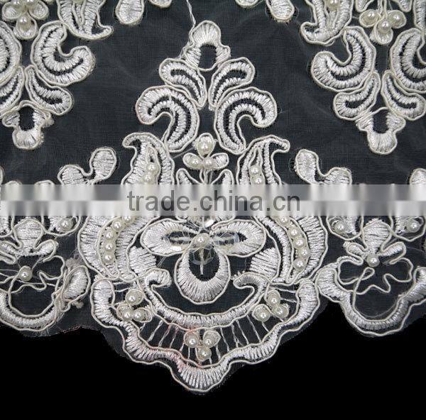 custom eco-friendly cord beaded white bridal embroidered tulle lace fabric PJ025