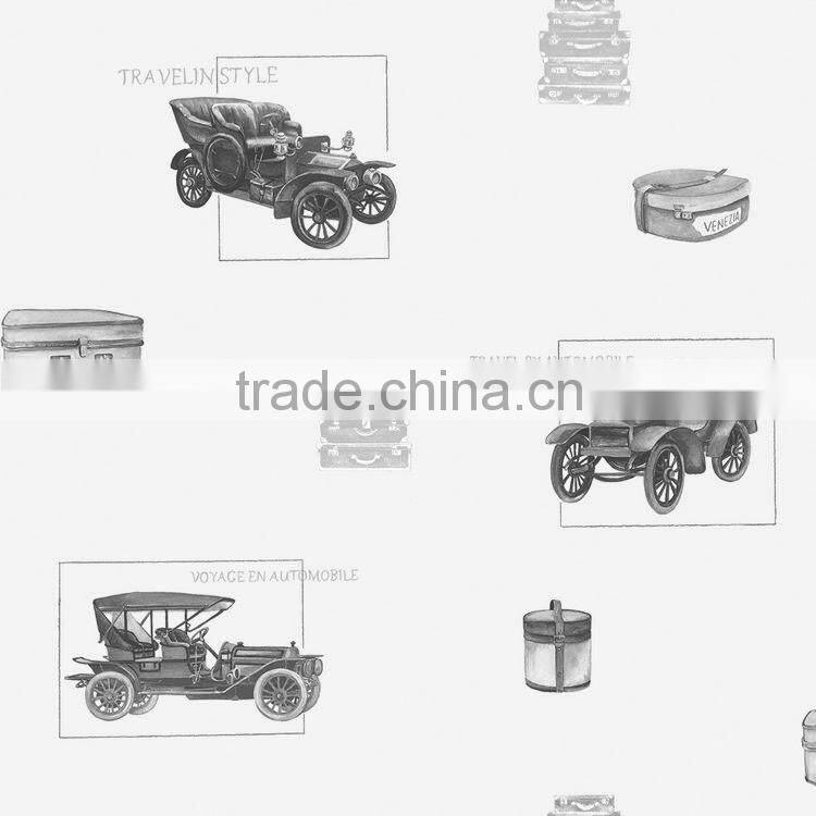 on sale printed non woven wallpaper, ivory for kids cars wallcovering for children , best quality wallcovering maker