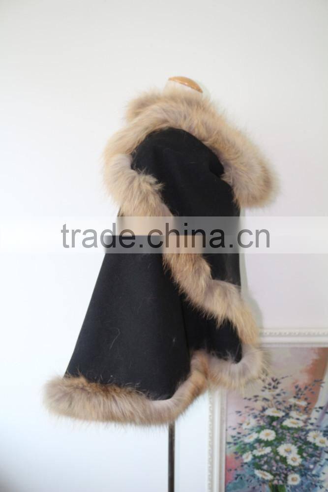 Graceful Natural Raccoon Fur Edge Cashmere Shawl Winter Fur Trim Pushmina Like Poncho Cape