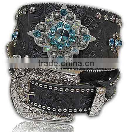 REAL GLASS CRYSTAL STUDDED HORSE HAIR WESTERN BELT FOR COWGIRL