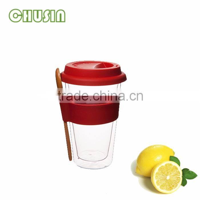 Popular double wall glass coffee cup/milk mug/tea cup with silicone lid and silicone sleeve
