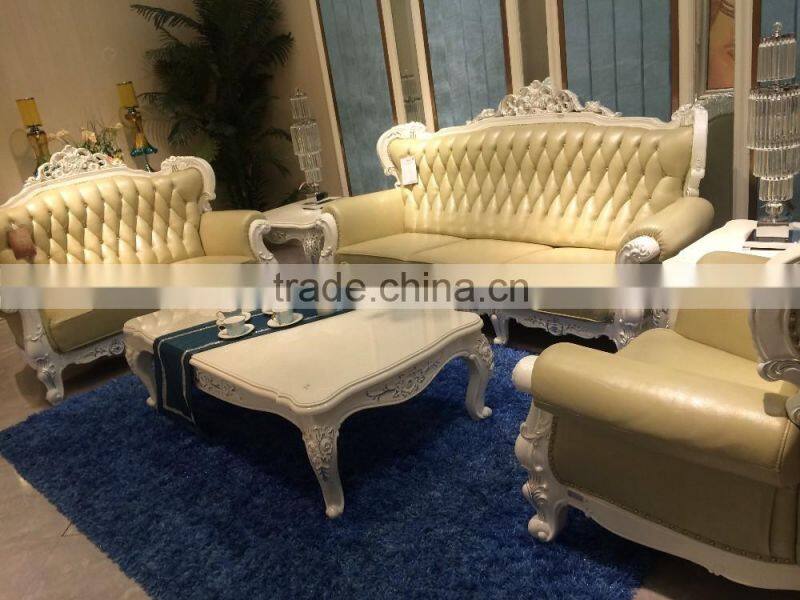 European classic living room wooden leather sectional sofa set