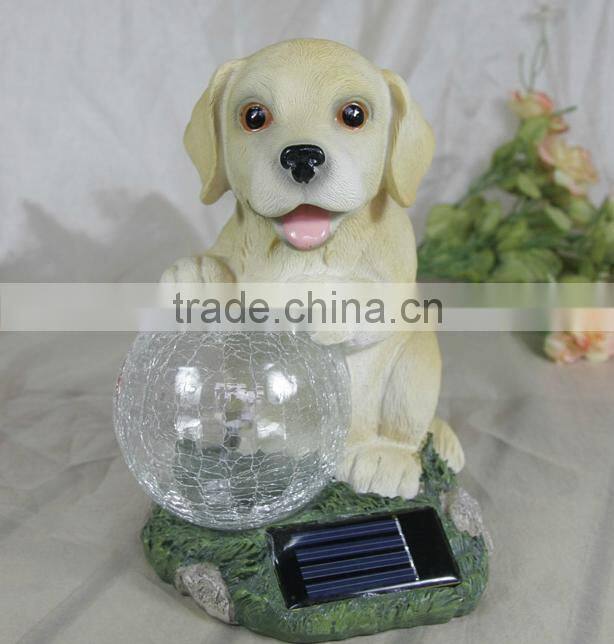 Resin solar lighting dog figurine with luminous glass ball